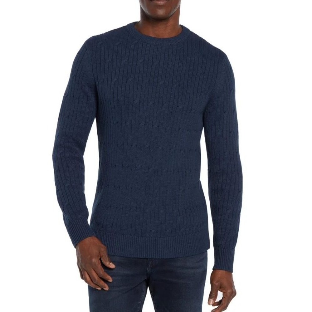 Express Mens 3XL Navy Blue Cable Knit Cotton Crew Neck Pullover Sweater